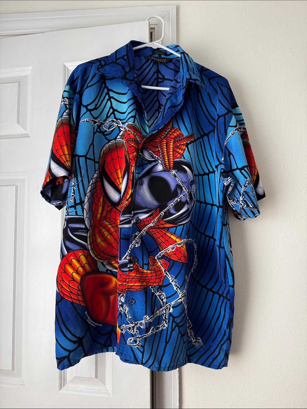 Changes Mens Vintage Y2K Marvel Spiderman All Over Print Button Up Casual Top